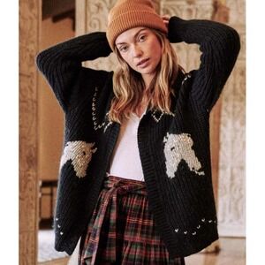 THE GREAT. The Equestrian Lodge Cardigan in Navy Blue Size Medium Horse Sweater